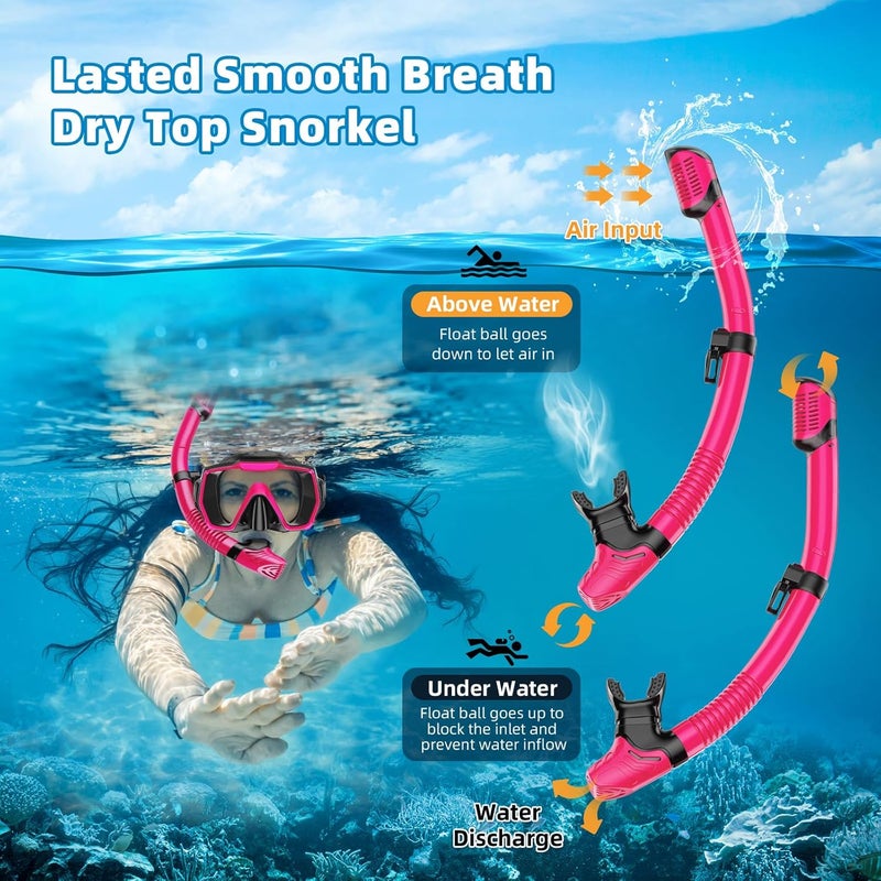 Honlanor Snorkel Set Adults Snorkeling Gear Anti-Leak and Anti-Fog Tempered Glass Lens Panoramic View Swim Mask Dry Top Snorkel Kit for Snorkeling Scuba Diving Swimming Travel with Carry Bag - Image 3